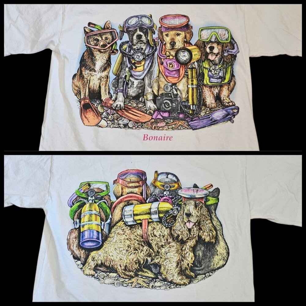 VTG 90s Bonaire Diving Dog Graphic Tshirt Souvenir Double Sided Sz M White Retro